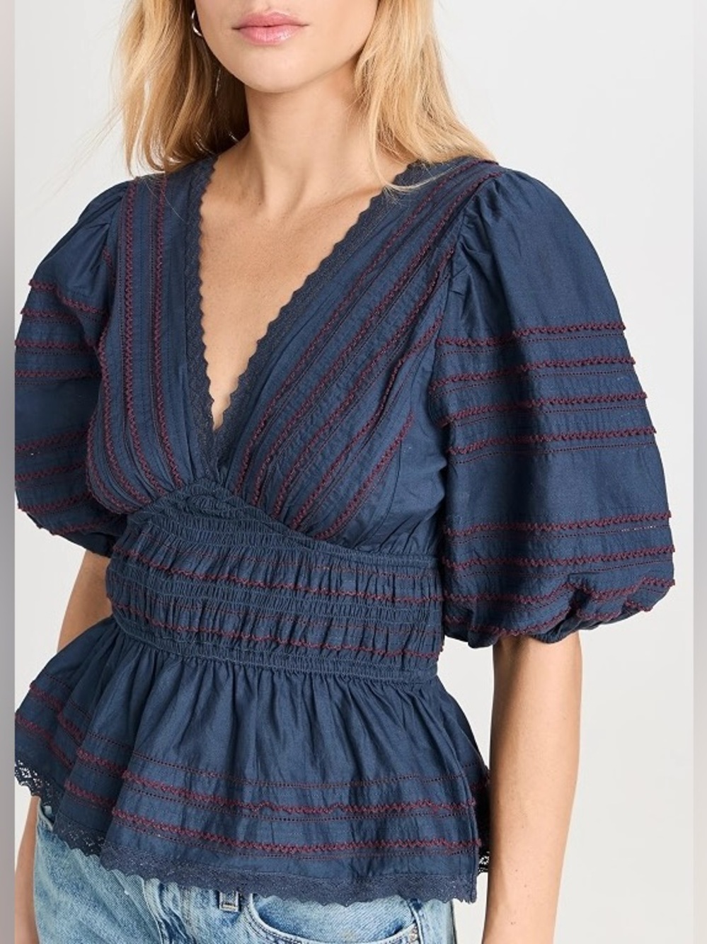 Sea New York Mable Cambric Navy Admiral Blue Puff Sleeve Pleated Top | L
